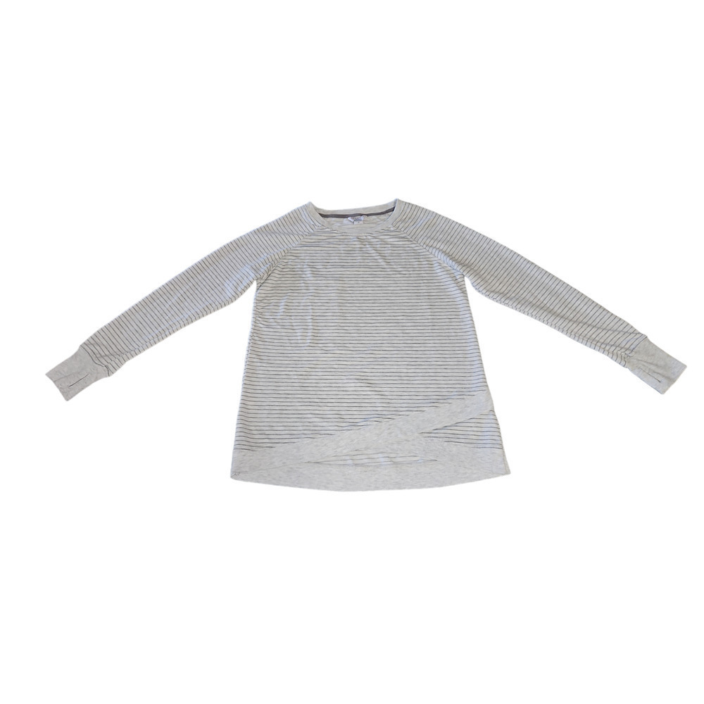 Danskin Top Womens M Gray Striped Crossover Hem Thumbhole Activewear 9003